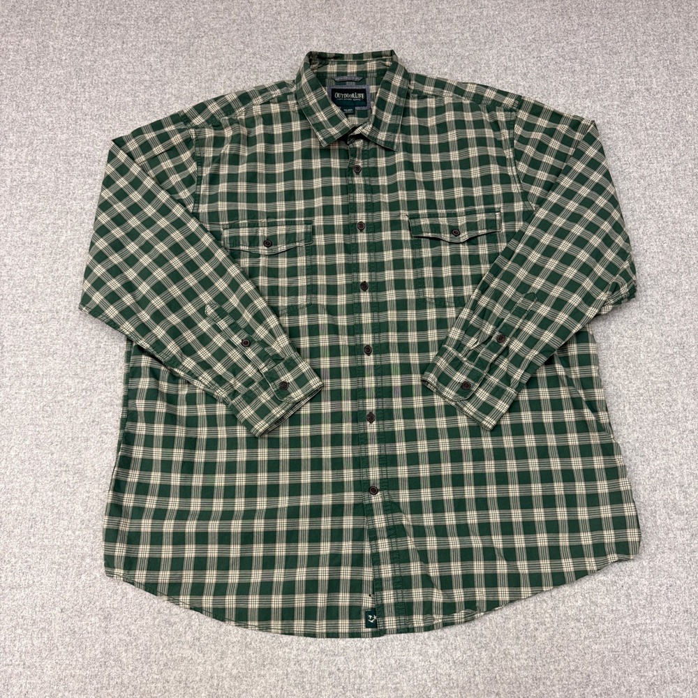 Outdoor Life | Plaid Button Down Shirt | XXL | Green Tan | Long Sleeve Cotton